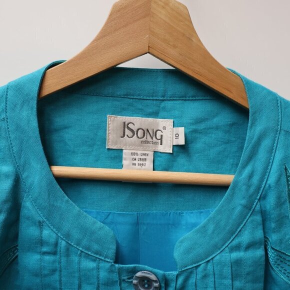 J Song 100% Linen Jacket Embroidery 3/4 Sleeves Button Up No Collar Size 10 - Picture 15 of 15